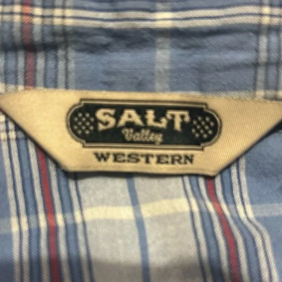 Salt Valley Western Plaid Snap Button Shirt Blue/Cream Long Sleeve Cotton Large - Picture 2 of 9